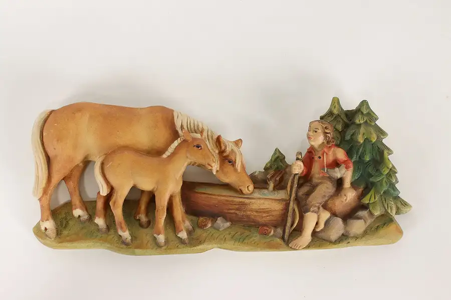 Main image of Swiss Vintage Hand Carved Horses & Young Traveler Wall Plaque