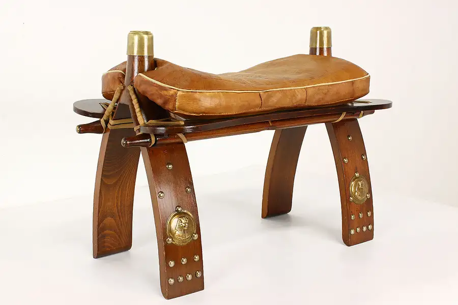 Main image of Farmhouse Vintage Camel Saddle Leather Bench or Stool, Egyptian Motifs