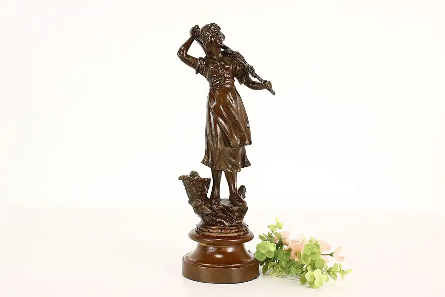 Main image of Victorian Antique Painted Metal Fisherwoman, Basket & Net Sculpture