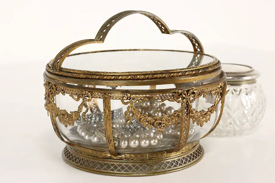 Main image of Victorian Ornate Bronze and Glass Antique Jewelry or Trinket Box