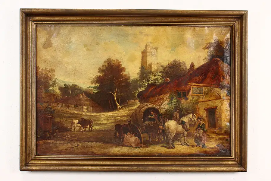 Main image of Italian Village Farmhouse, Castle & Villagers Antique Oil Painting 41"