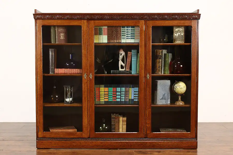 Main image of Victorian Antique Carved Oak Triple Office or Library Bookcase Wavy Glass