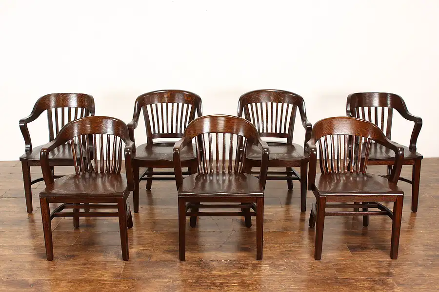 Main image of Set of 7 Traditional Quarter Sawn Oak Antique Office Library Desk Chairs