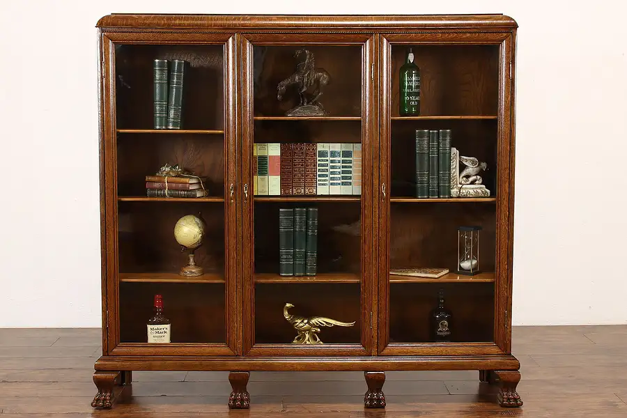 Main image of Empire Antique Triple Oak Office Library Bookcase, Wavy Glass, Paw Feet