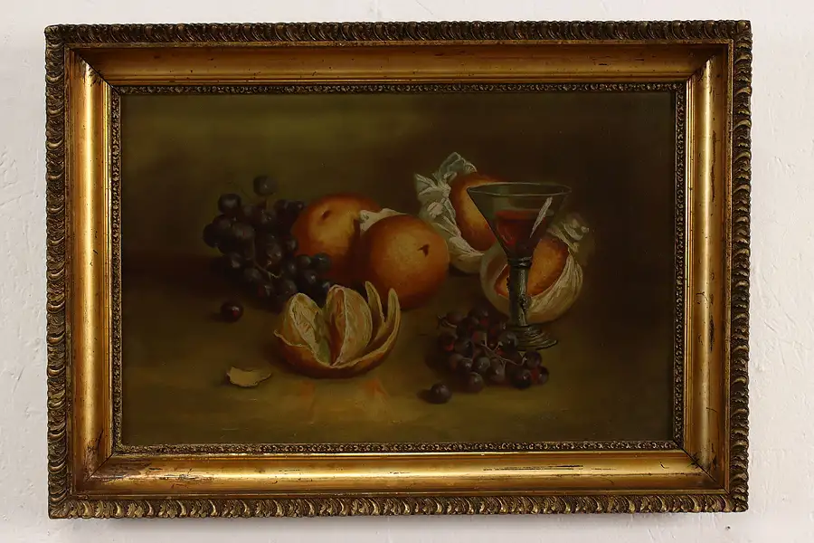 Main image of Victorian Antique Still Life Fruit & Glass Original Oil Painting 24.5"