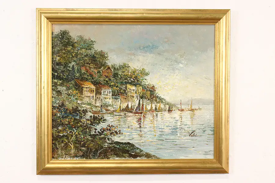 Main image of Italian Mediterranean Scene Vintage Original Oil Painting, Velosi 28.5"