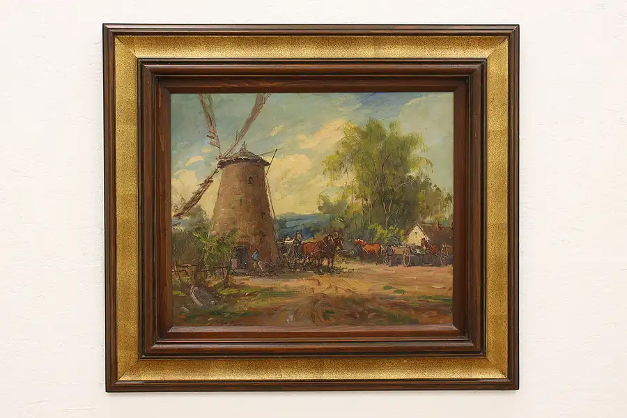 Main image of Dutch Village Windmill & Horses Vintage Original Oil Painting 35"