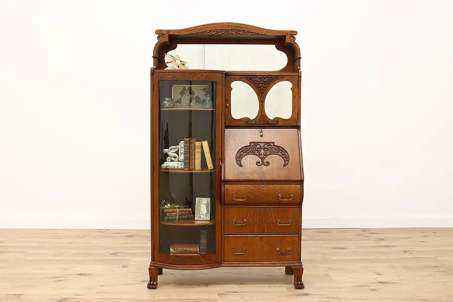 Main image of Victorian Antique Oak Side by Side Secretary Desk & Bookcase, Mirrors