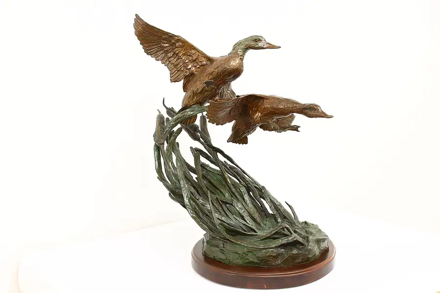 Main image of Mallard Ducks in Flight Vintage Bronze Sculpture, Walnut Base, K R Bird