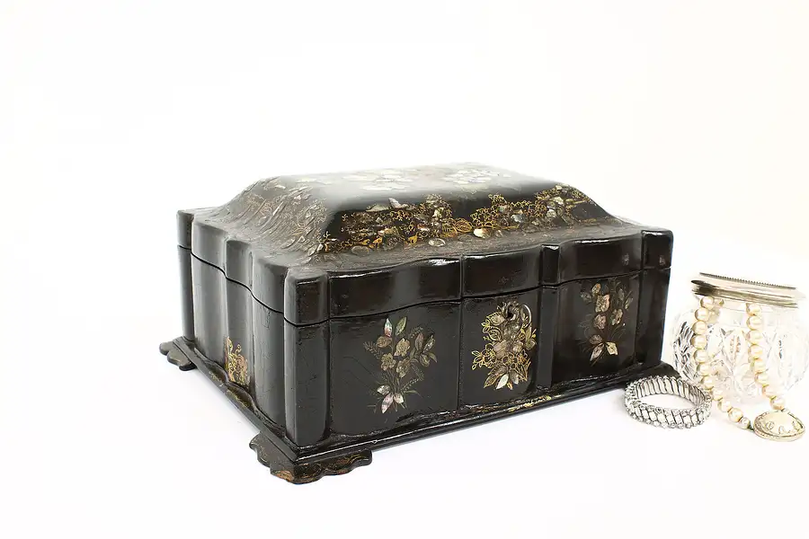 Main image of Victorian Antique Papier Mache & Pearl Jewelry Chest or Keepsake Box