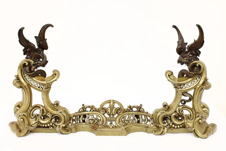 Main image of Rococo Antique Bronze 3 Pce Fireplace Fender & Chenets, Dragons