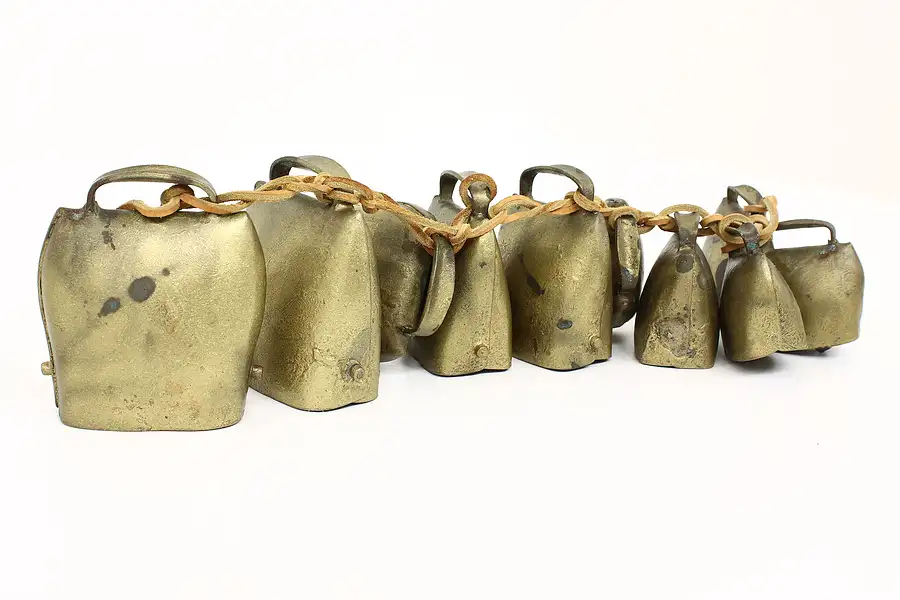 Main image of Farmhouse Set of 10 Vintage Hand Hammered Cow Bells, Leather Strap