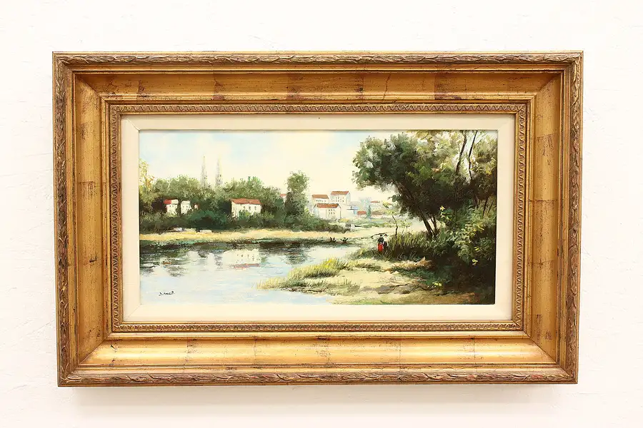 Main image of Romantic Stroll on Riverbank Antique Original Oil Painting, Danco 33.5"