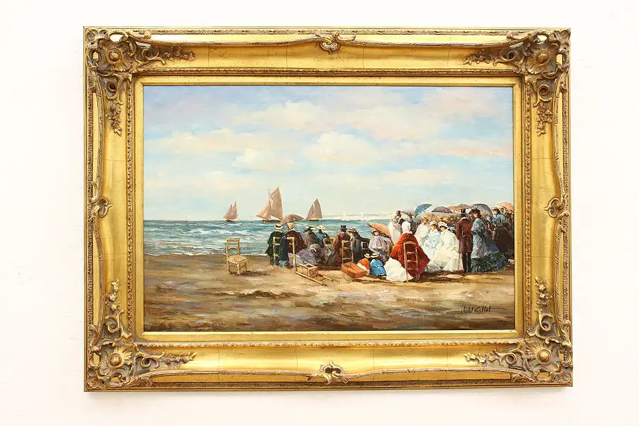 Main image of Victorian Ocean Beach Scene Vintage Original Oil Painting, Gallet 46.5"