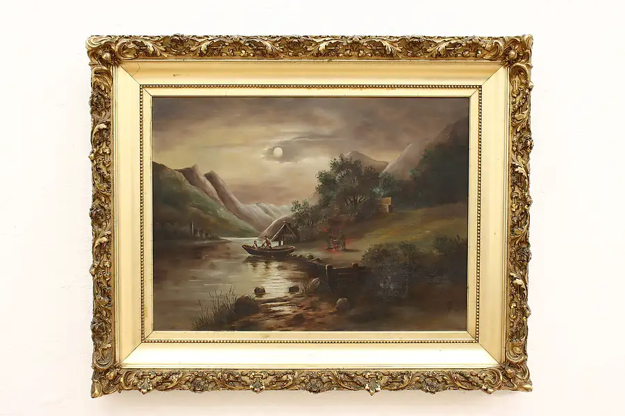 Main image of Village & River at Dusk Antique Original Oil Painting, Signed 44"