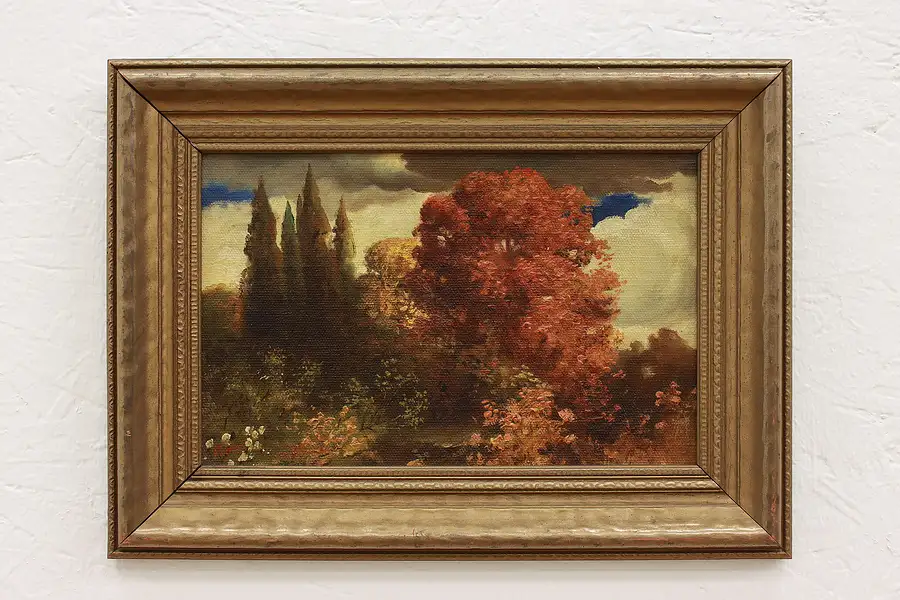 Main image of Autumn Forest & Blue Sky Antique Original Oil Painting, Voges 15"