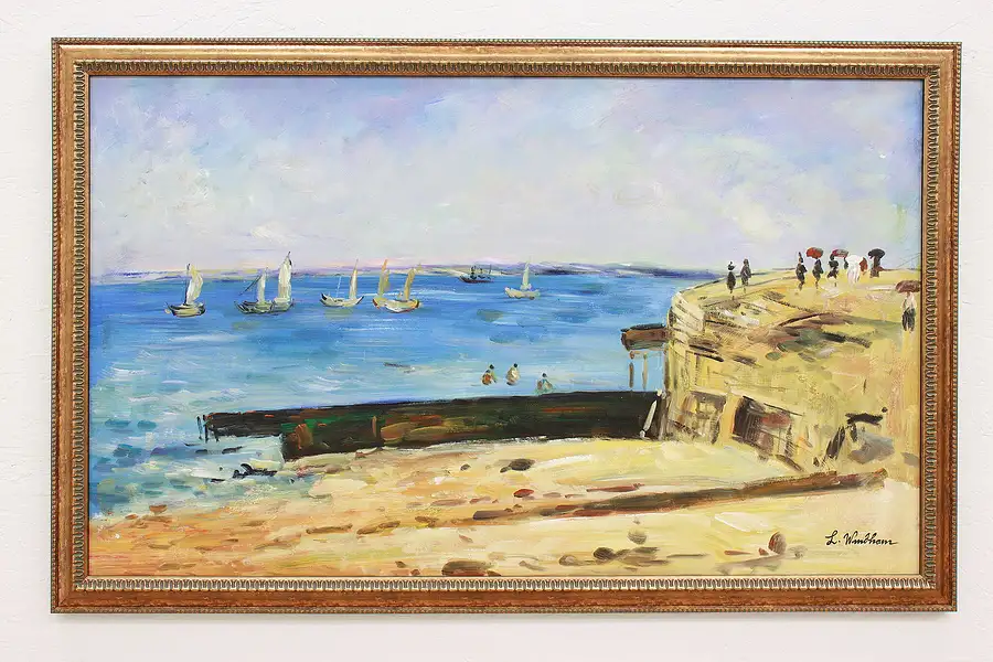 Main image of Beach, Cliff & Sailboats Vintage Original Oil Painting Windham 54"