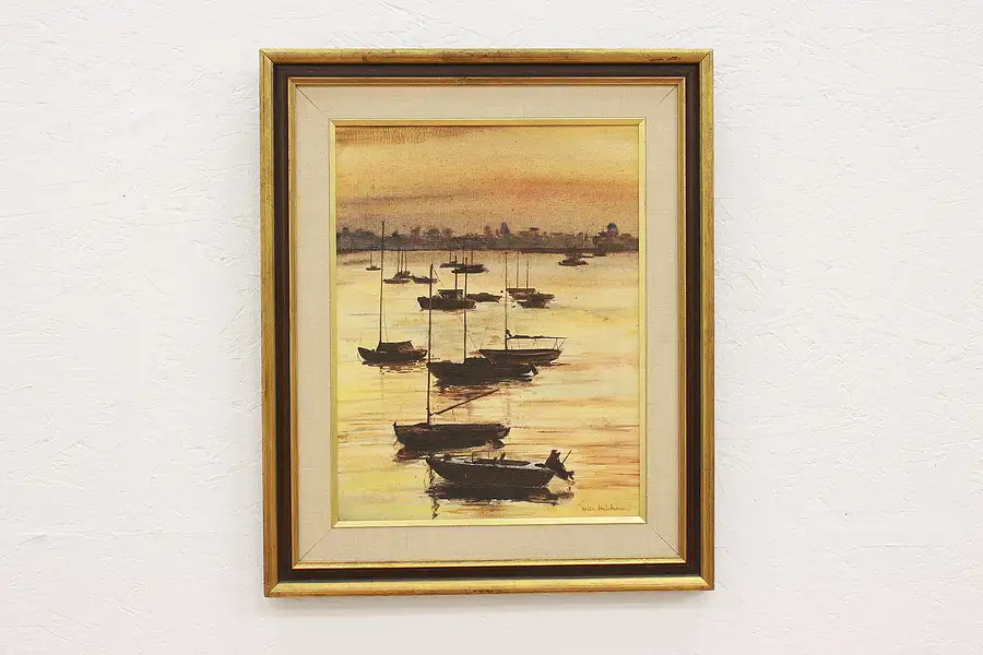 Main image of Harbor with Boats at Sunset Vintage Original Oil Painting, Hutchinson 24"