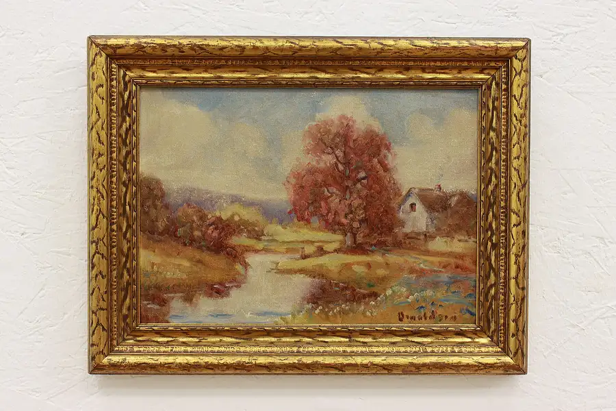 Main image of House Along Riverbank Antique Original Oil Painting, Donaldson 17.5"