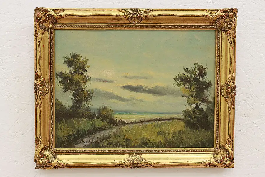 Main image of Oceanside Path in Springtime Antique Original Oil Painting, Norcum 19.5"