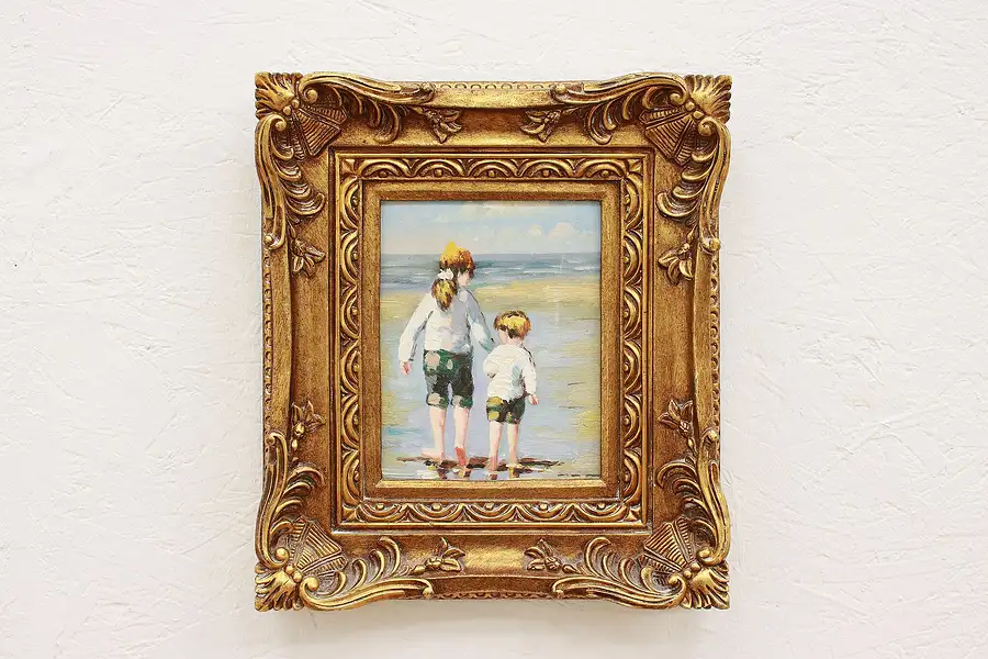 Main image of Children Walking on Sunny Beach Vintage Original Oil Painting 17"