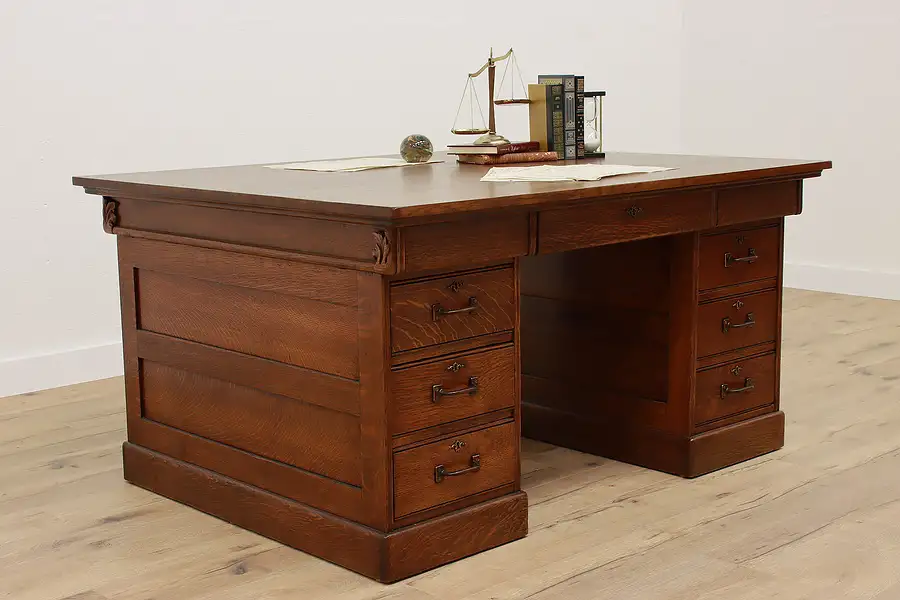 Main image of Victorian Antique Oak Quarter Sawn Antique Craftsman Partner Desk