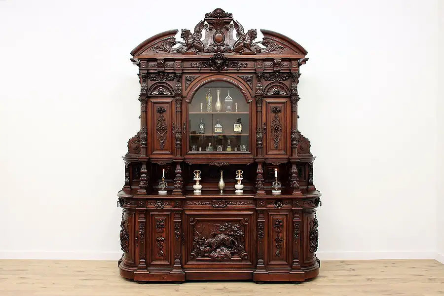 Main image of Black Forest Antique Carved Oak Monumental Hunt Sideboard or Back Bar