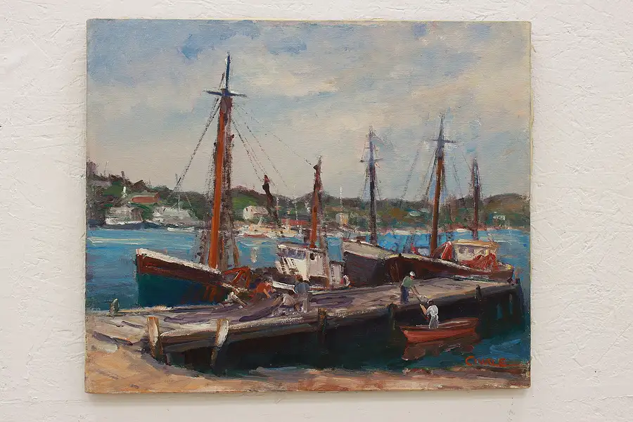 Main image of Gloucester MA Fishing Boats Vintage Original Oil Painting, Civale 24"