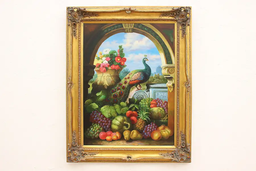 Main image of Still Life Peacock & Fruit Vintage Original Oil Painting, Hubert 51"