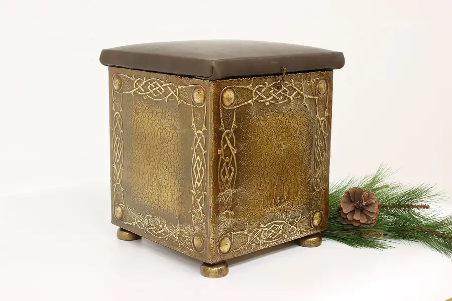 Main image of Farmhouse Antique Brass & Leather Fireplace Hearth Stool & Kindling Chest