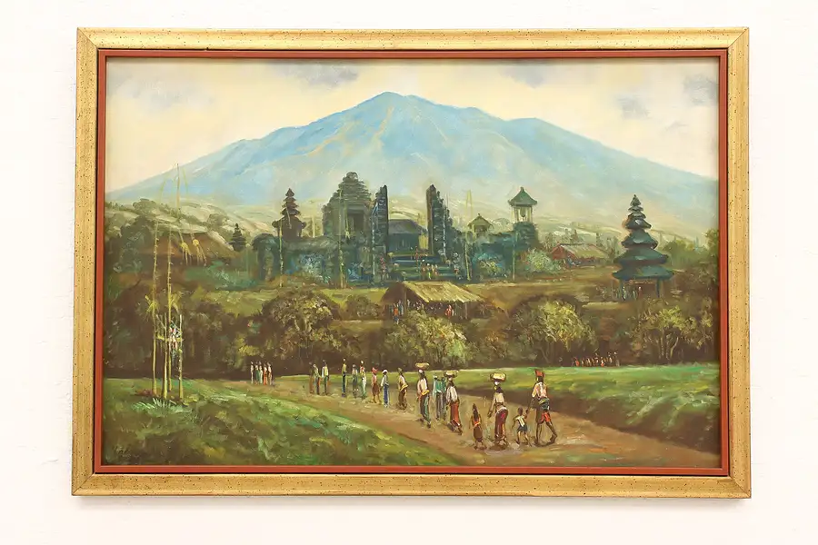 Main image of Asian Village Beneath Mountain Vintage Original Oil Painting Signed 37.5"