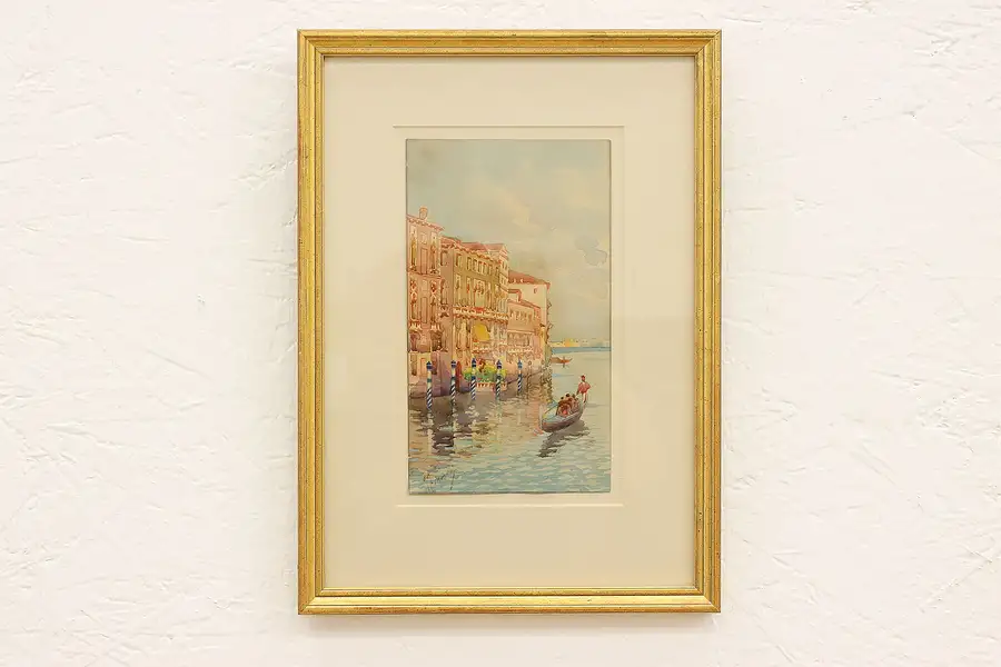 Main image of Venice Canal & Gondola Antique Original Watercolor Painting Signed 13.5"