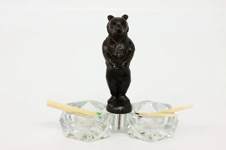 Main image of Black Forest Vintage Carved Bear & Crystal Salt Cellars or Clip Trays