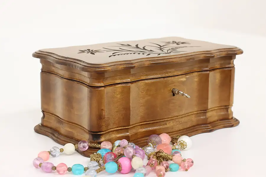 Main image of Swiss Hand Carved Folk Art Vintage Walnut Jewelry Box or Collector Chest