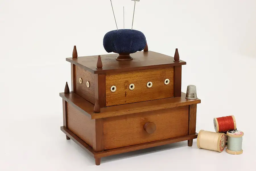 Main image of Victorian Antique Walnut Sewing Caddy, Jewelry Drawer & Pin Cushion