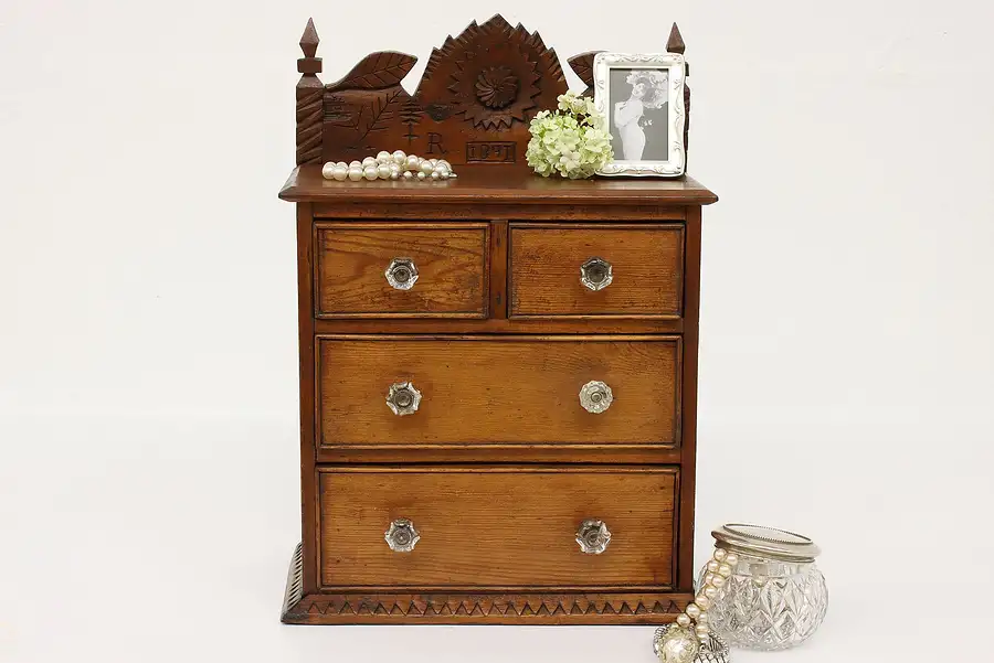 Main image of Victorian Antique Farmhouse Carved Table or Wall Spice or Jewelry Chest