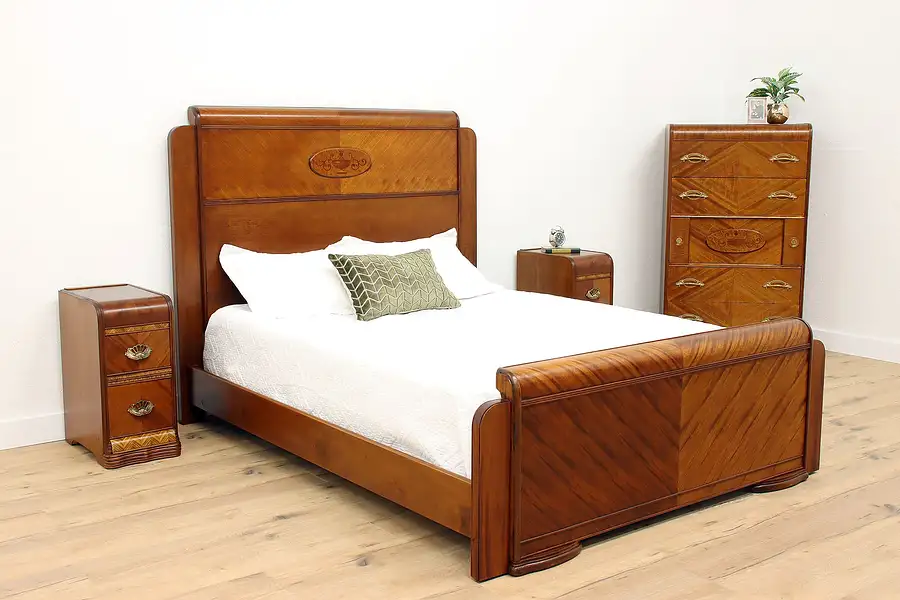 Main image of Art Deco Waterfall Design Vintage 4 Pc. Bedroom Set, Queen Size Bed