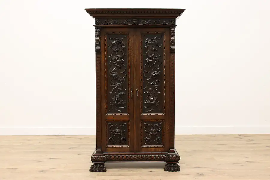 Main image of Renaissance Antique Carved Bookcase, Hall, Bathroom, or Pantry Cabinet