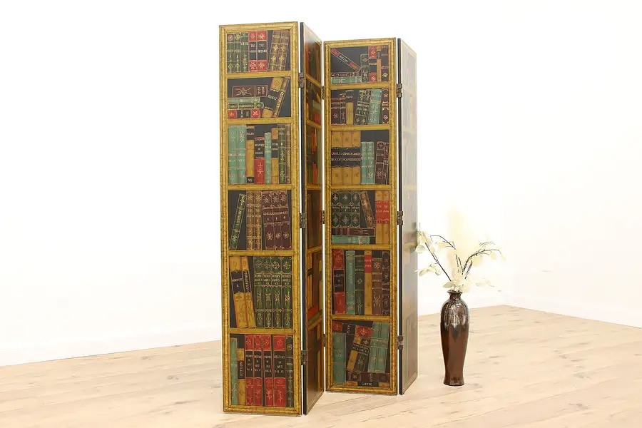 Main image of Hand Painted Vintage 4 Panel Room Divider Screen with Classic Books