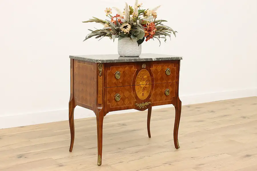 Main image of French Design Antique Marquetry Marble Top Hall Console or Chest