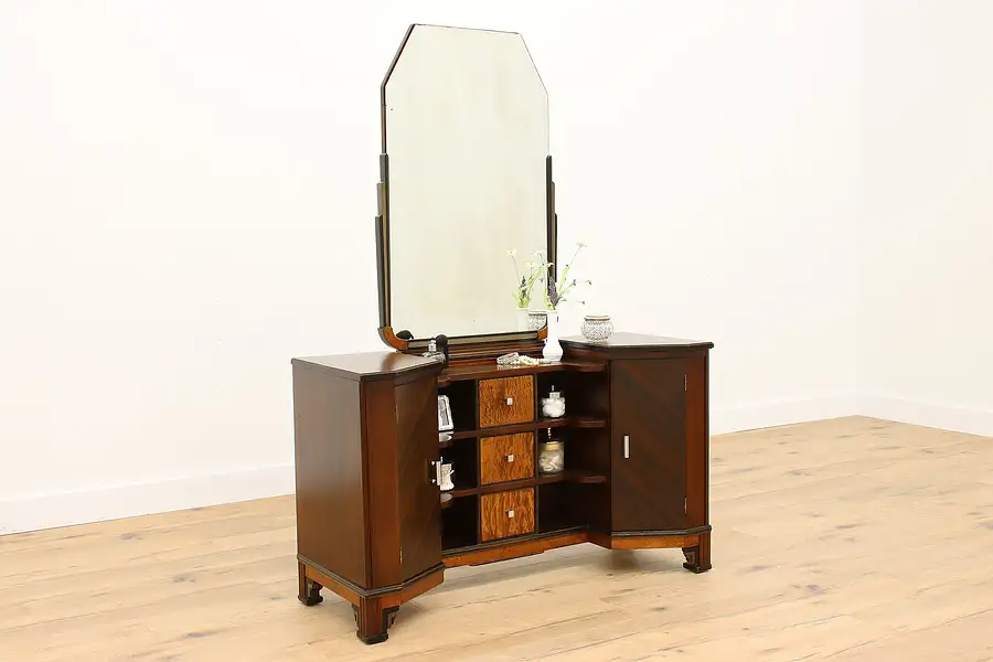 Main image of Art Deco Vintage Walnut & Curly Maple Vanity or Dressing Table & Mirror