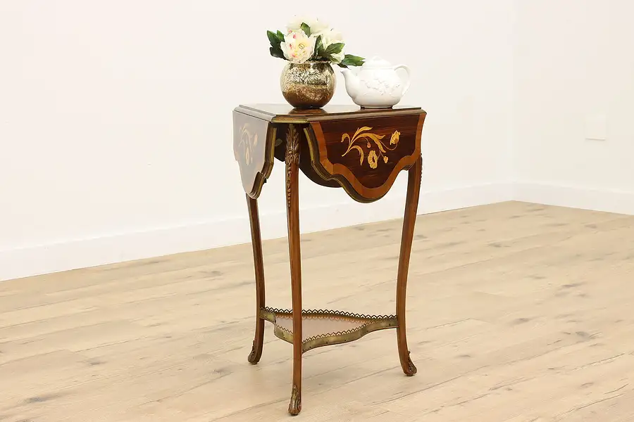 Main image of Cloverleaf Antique Marquetry Drop Leaf End or Lamp Table, Hall Console