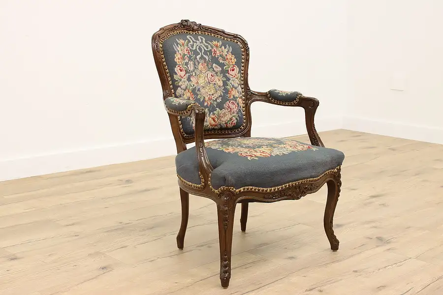 Main image of French Vintage Carved Fruitwood Chair, Floral Needlepoint Upholstery