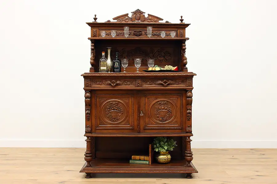 Main image of Black Forest Oak Sideboard Server or Bar Cabinet, Carved Dragons