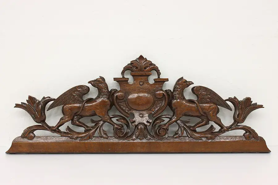 Main image of Renaissance Antique Architectural Salvage Oak Crest, Carved Griffins