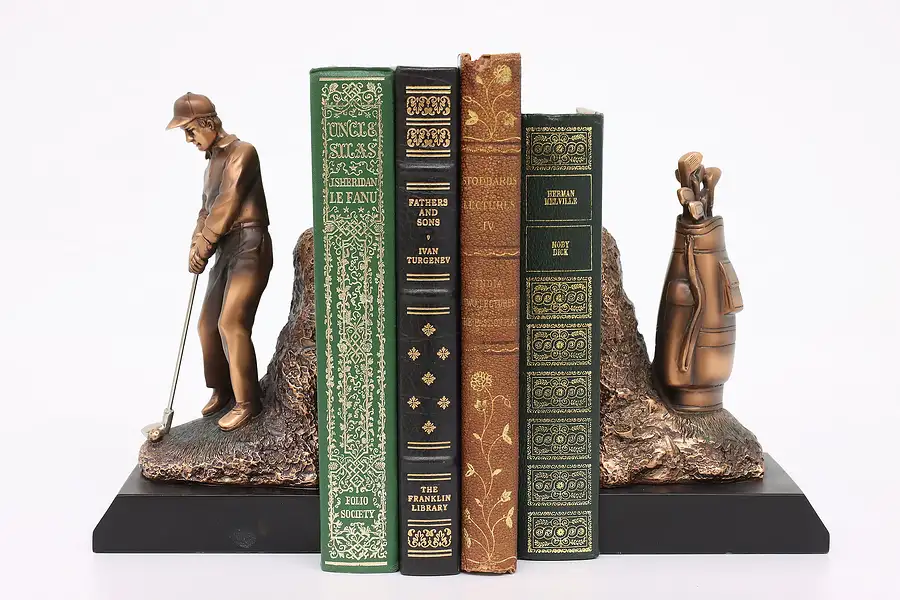 Main image of Pair of Coppery Bronze Finish Vintage Golfer & Bag Bookends