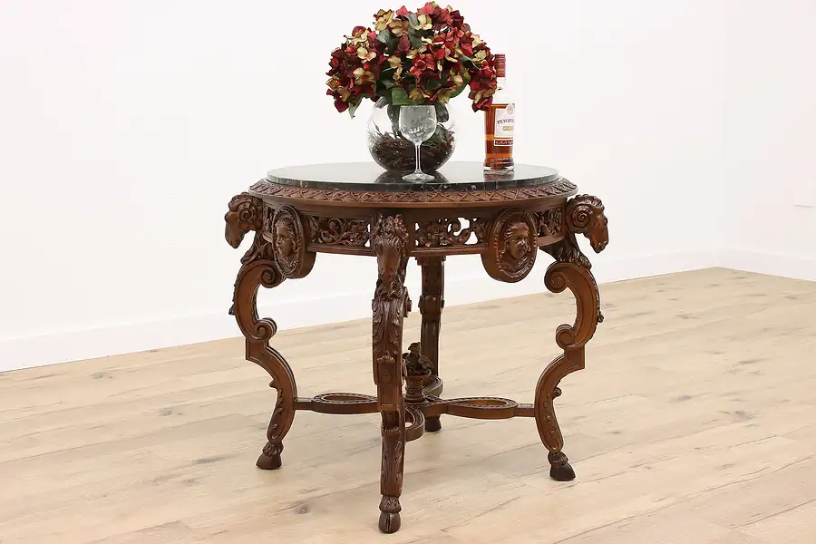 Main image of Renaissance Antique Walnut Hall or Lamp Table, Marble Top, Ram Heads