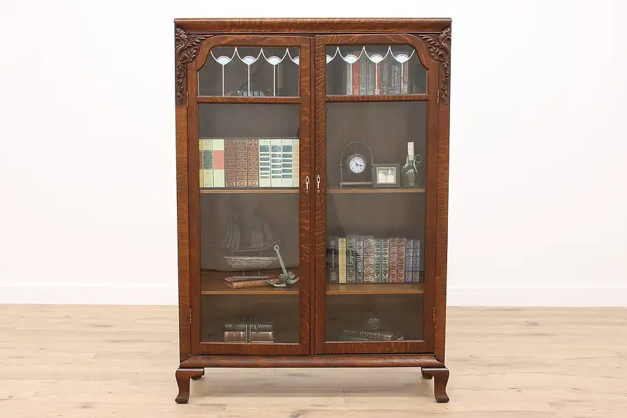 Main image of Arts & Crafts Antique Oak Craftsman Office Bookcase, Leaded Glass