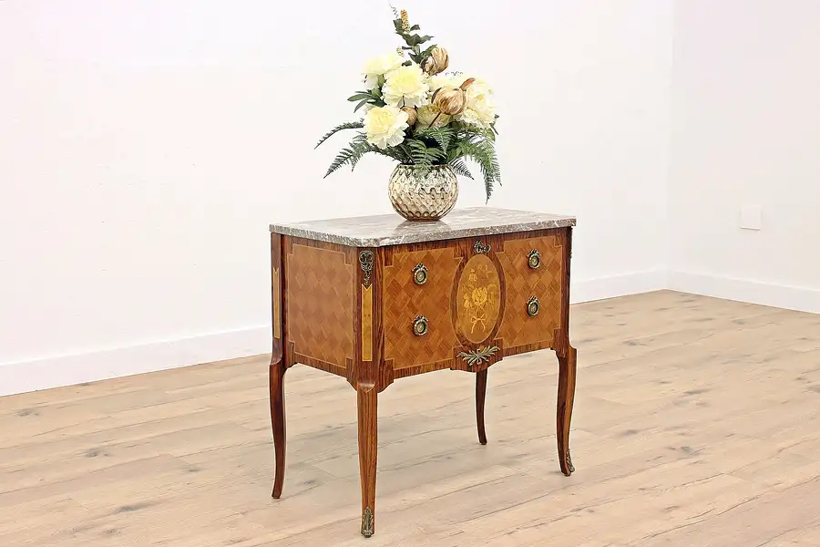 Main image of French Design Vintage Marquetry & Marble Top Drop Front Bar or Chest