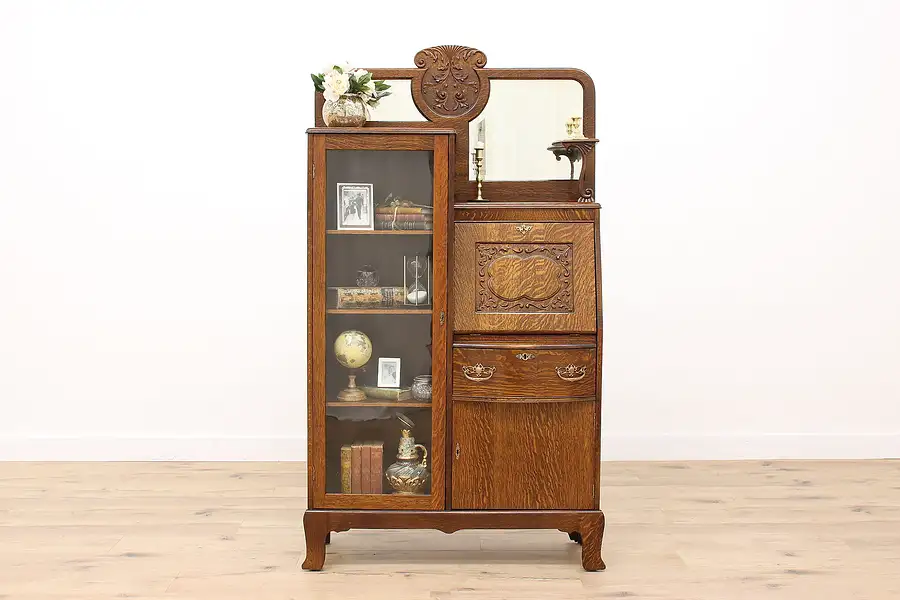 Main image of Victorian Antique Oak Side by Side Secretary Desk & Bookcase, Mirrors